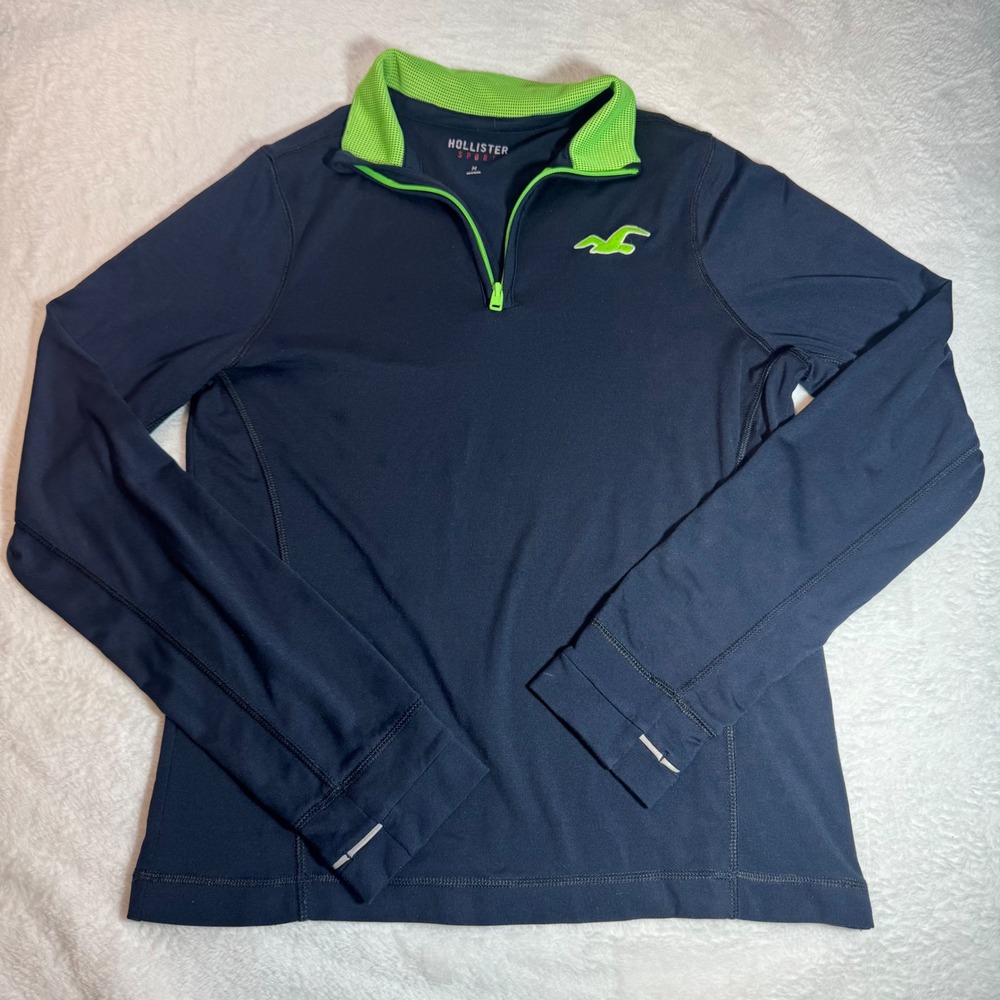 Hollister Sport Mens Medium Navy Blue Neon Green Quarter Zip Pullover Activewear